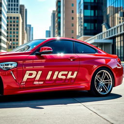 A striking red BMW sports car parked in a modern urban setting