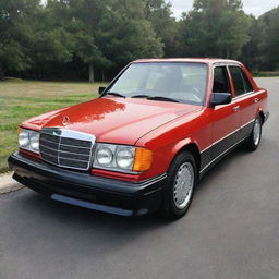 A fully restored, gleaming Mercedes Benz 190e in its prime. Its colors are vibrant, its chrome accents reflect the light, highlighting the car's elegant lines.