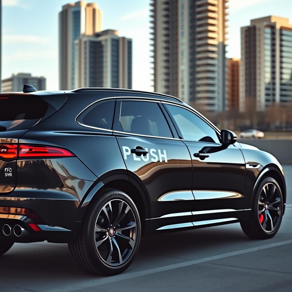 A sleek black Jaguar F-PACE SVR parked in an urban environment