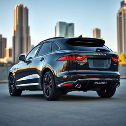 A sleek black Jaguar F-PACE SVR parked in an urban environment