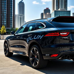 A sleek black Jaguar F-PACE SVR parked in an urban environment