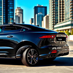 A sleek black Jaguar F-PACE SVR parked in an urban environment