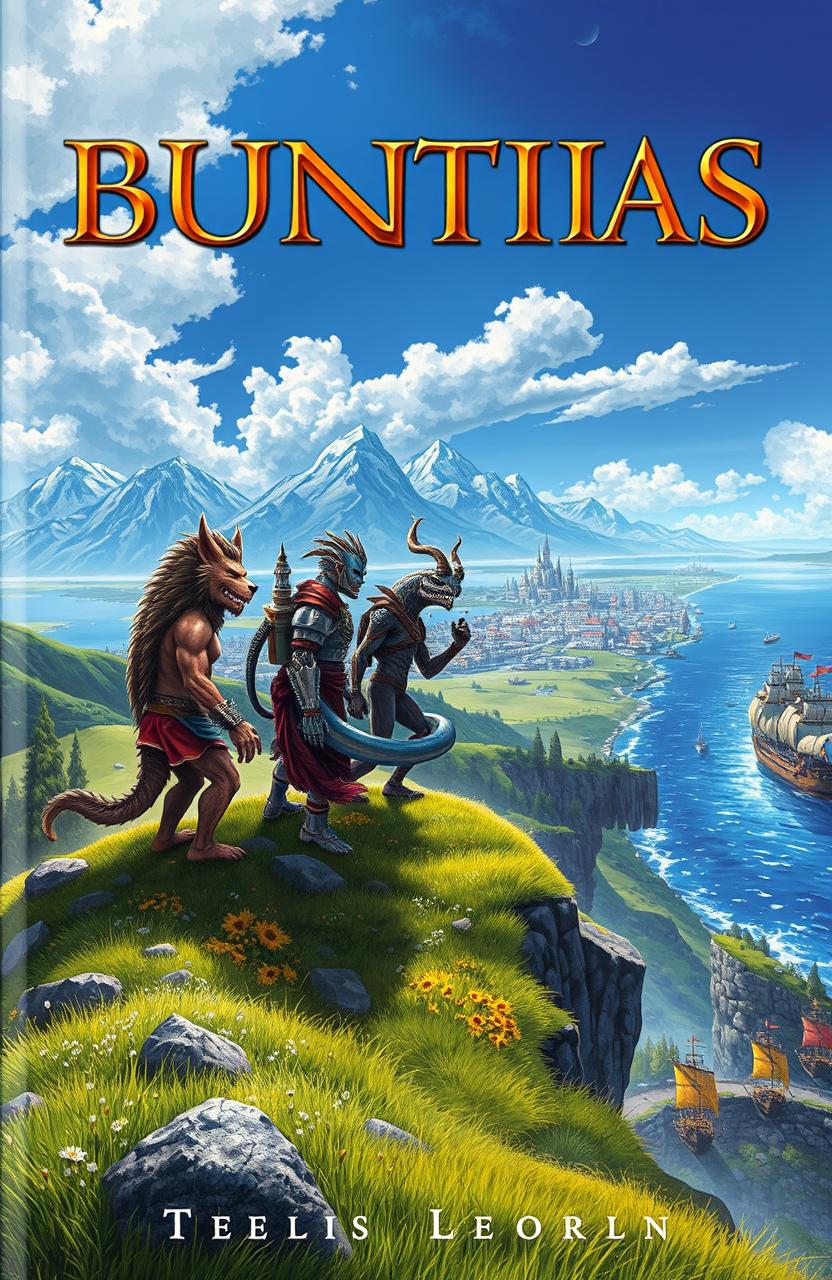 A fantastical book cover depicting a diverse ensemble of characters: a beastman, a robot, a human-lizard hybrid, and a demon, standing on a hillside gazing forward towards a lush meadow