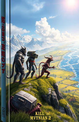 A fantastical book cover depicting a diverse ensemble of characters: a beastman, a robot, a human-lizard hybrid, and a demon, standing on a hillside gazing forward towards a lush meadow