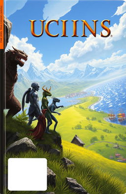 A fantastical book cover depicting a diverse ensemble of characters: a beastman, a robot, a human-lizard hybrid, and a demon, standing on a hillside gazing forward towards a lush meadow