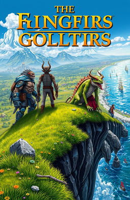 A fantastical book cover depicting a diverse ensemble of characters: a beastman, a robot, a human-lizard hybrid, and a demon, standing on a hillside gazing forward towards a lush meadow