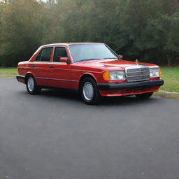 A fully restored, gleaming Mercedes Benz 190e in its prime. Its colors are vibrant, its chrome accents reflect the light, highlighting the car's elegant lines.