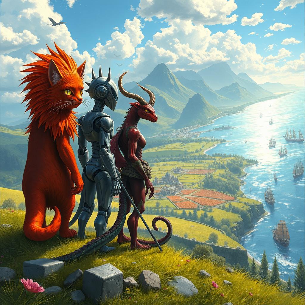 A captivating book cover set in a fantastical world featuring a red-haired beastman cat, a sleek robot, a human-lizard hybrid, and a striking red demon