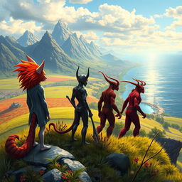 A captivating book cover set in a fantastical world featuring a red-haired beastman cat, a sleek robot, a human-lizard hybrid, and a striking red demon