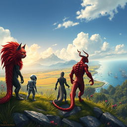 A captivating book cover set in a fantastical world featuring a red-haired beastman cat, a sleek robot, a human-lizard hybrid, and a striking red demon