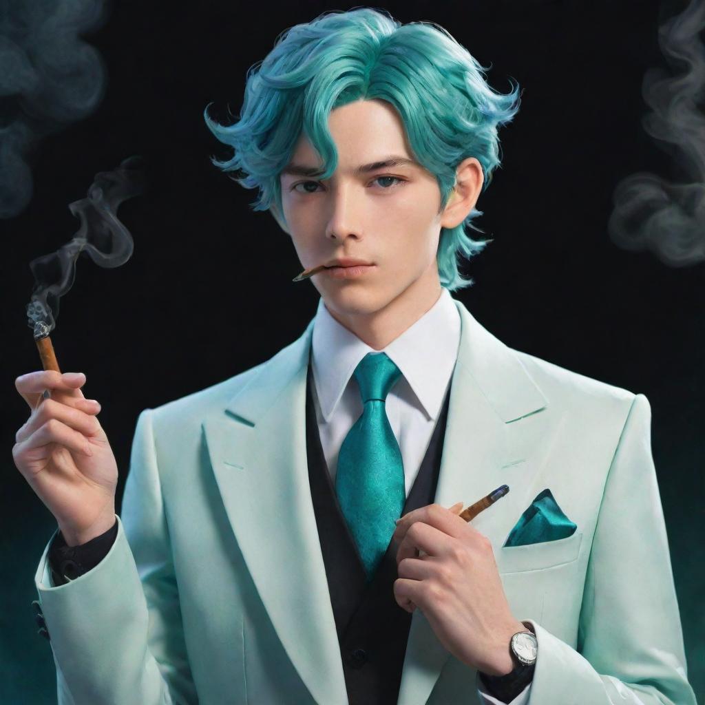 2D illustration of Venti from Genshin Impact, dressed in a sleek and stylish suit, holding an elegant, non-tobacco cigar substitute gently in his hand, twinkle in his teal eyes reflected in the delicate wisps of smoke.