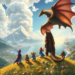 An enchanting book cover set in a magical world, featuring four mystical creatures standing on a hillside, gazing forward towards a vibrant meadow