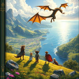 An enchanting book cover set in a magical world, featuring four mystical creatures standing on a hillside, gazing forward towards a vibrant meadow