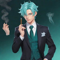 2D illustration of Venti from Genshin Impact, dressed in a sleek and stylish suit, holding an elegant, non-tobacco cigar substitute gently in his hand, twinkle in his teal eyes reflected in the delicate wisps of smoke.