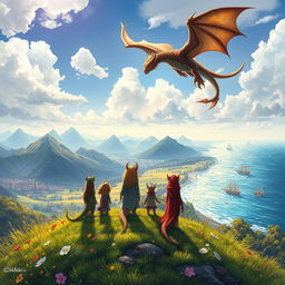 An enchanting book cover set in a magical world, featuring four mystical creatures standing on a hillside, gazing forward towards a vibrant meadow