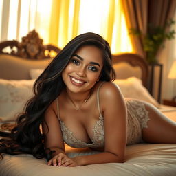 A beautiful, curvy young Latina woman with long dark hair, lying on her stomach on a luxurious bed