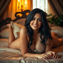 A beautiful, curvy young Latina woman with long dark hair, lying on her stomach on a luxurious bed