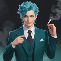 2D illustration of Venti from Genshin Impact, dressed in a sleek and stylish suit, holding an elegant, non-tobacco cigar substitute gently in his hand, twinkle in his teal eyes reflected in the delicate wisps of smoke.