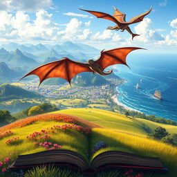 A stunning book cover illustrating a fantastical world, showcasing a breathtaking view from a hillside overlooking a vibrant meadow