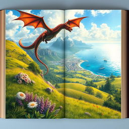 A stunning book cover illustrating a fantastical world, showcasing a breathtaking view from a hillside overlooking a vibrant meadow