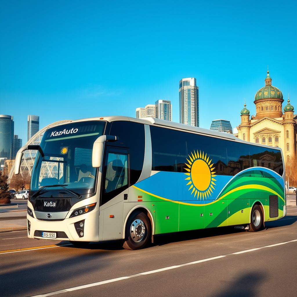 A KazAuto bus, showcasing its sleek and modern design, parked in a scenic urban environment of Kazakhstan