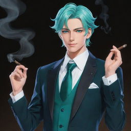 2D illustration of Venti from Genshin Impact, dressed in a sleek and stylish suit, holding an elegant, non-tobacco cigar substitute gently in his hand, twinkle in his teal eyes reflected in the delicate wisps of smoke.