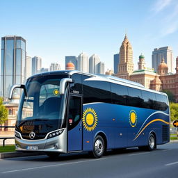 A KazAuto bus, showcasing its sleek and modern design, parked in a scenic urban environment of Kazakhstan