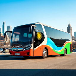 A KazAuto bus, showcasing its sleek and modern design, parked in a scenic urban environment of Kazakhstan