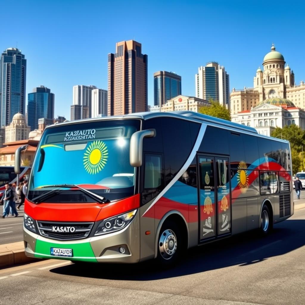 A KazAuto bus, showcasing its sleek and modern design, parked in a scenic urban environment of Kazakhstan