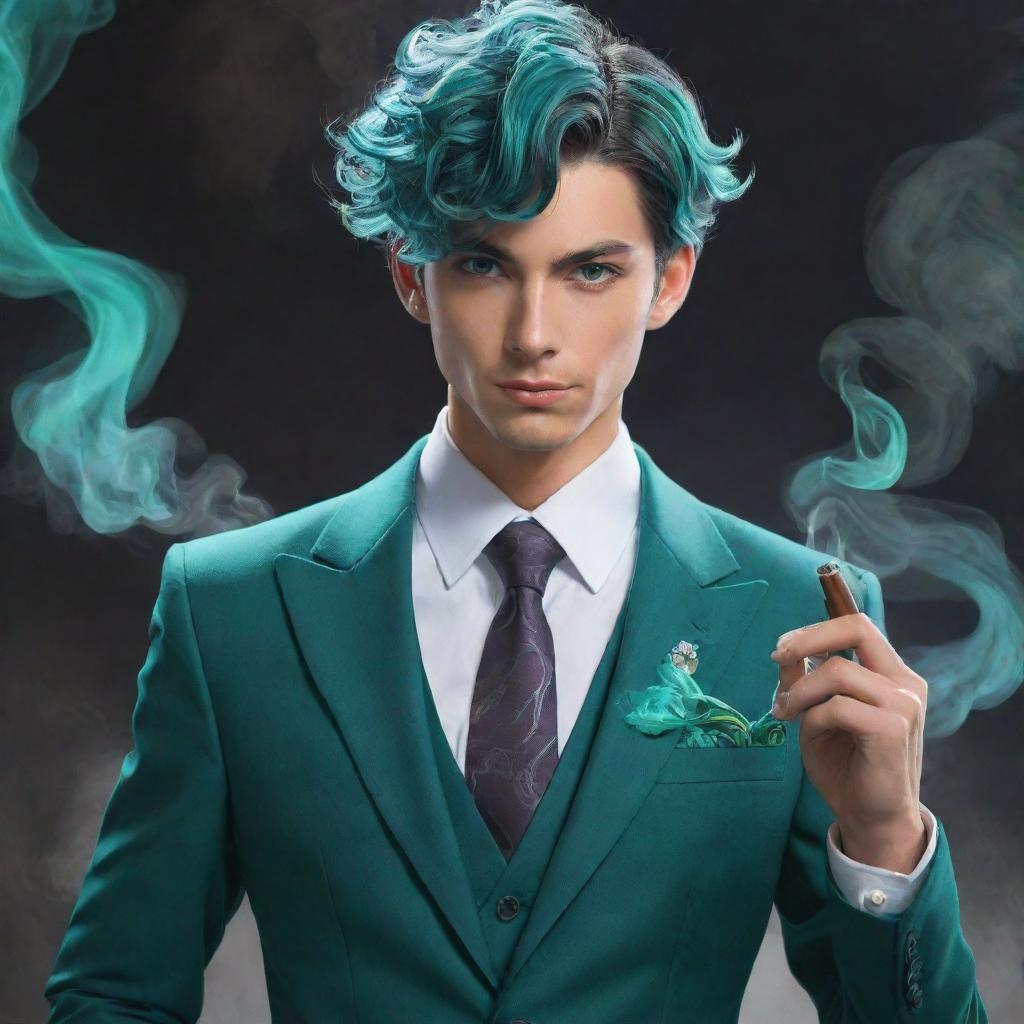 Detailed 2D illustration of the character Venti from Genshin Impact, artfully portrayed in a high-quality, modern suit, delicately holding a classy, non-tobacco cigar substitute. His teal eyes glimmer amidst the swirling smoke.