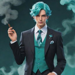 Detailed 2D illustration of the character Venti from Genshin Impact, artfully portrayed in a high-quality, modern suit, delicately holding a classy, non-tobacco cigar substitute. His teal eyes glimmer amidst the swirling smoke.