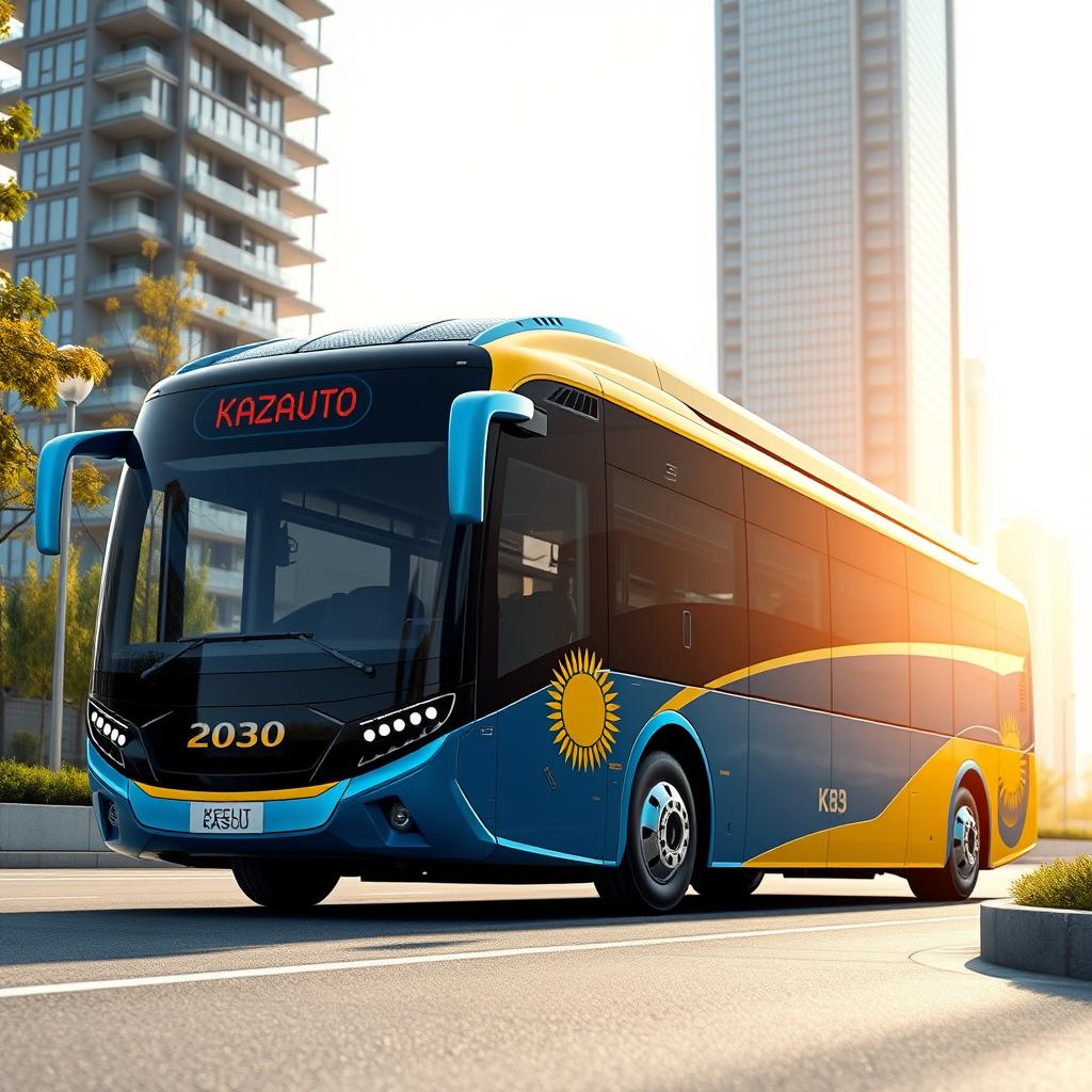 A futuristic KazAuto bus design, featuring sleek lines and a high-tech aesthetic, representing Kazakhstan in the year 2030