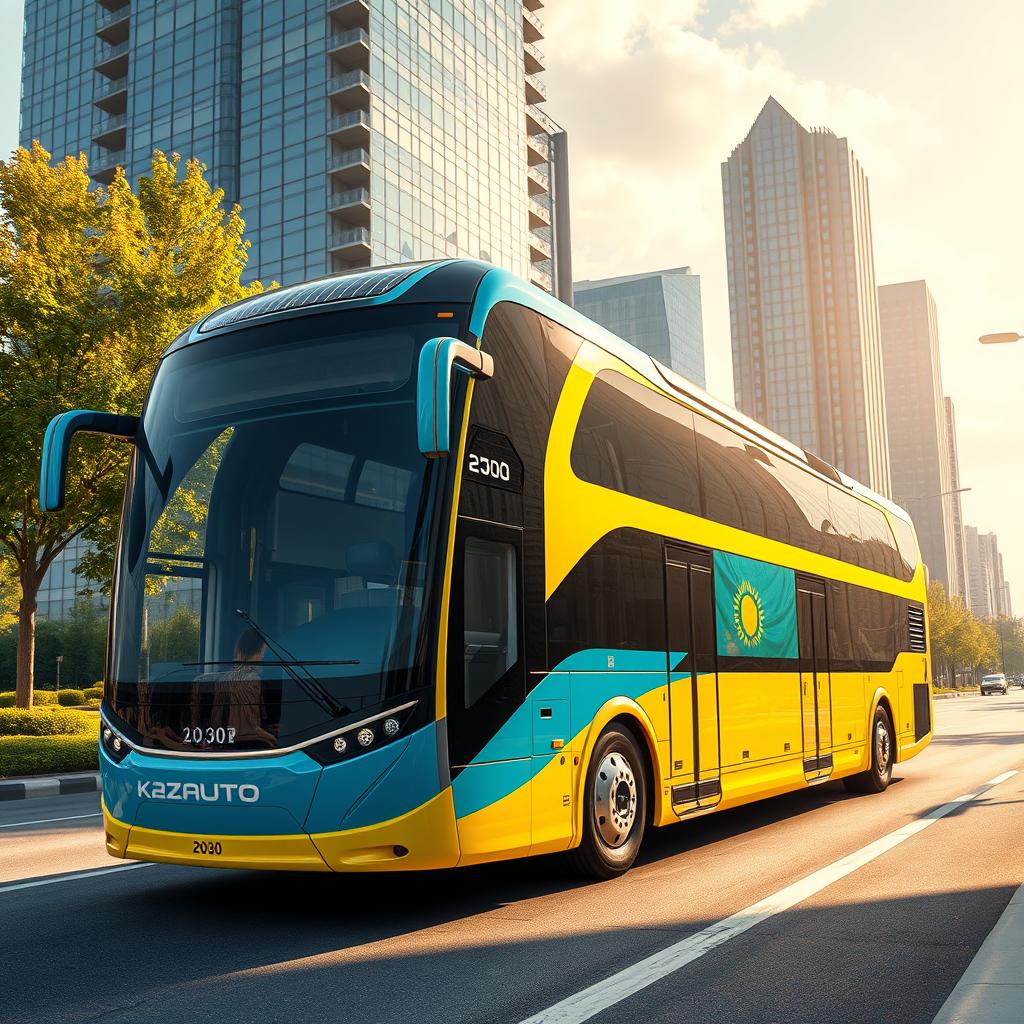 A futuristic KazAuto bus design, featuring sleek lines and a high-tech aesthetic, representing Kazakhstan in the year 2030