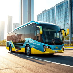 A futuristic KazAuto bus design, featuring sleek lines and a high-tech aesthetic, representing Kazakhstan in the year 2030