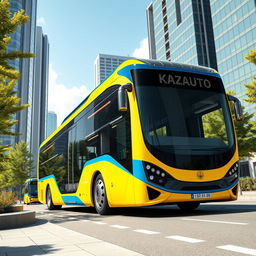 A futuristic KazAuto bus design, featuring sleek lines and a high-tech aesthetic, representing Kazakhstan in the year 2030