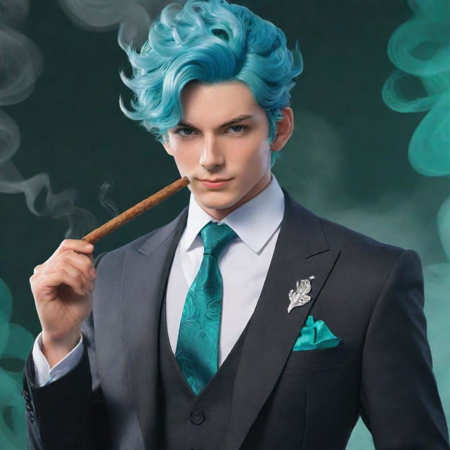 Detailed 2D illustration of the character Venti from Genshin Impact, artfully portrayed in a high-quality, modern suit, delicately holding a classy, non-tobacco cigar substitute. His teal eyes glimmer amidst the swirling smoke.