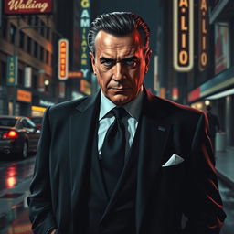 A dramatic and intense portrait of John Gotti, the infamous mob boss of the Gambino crime family