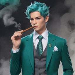 Detailed 2D illustration of the character Venti from Genshin Impact, artfully portrayed in a high-quality, modern suit, delicately holding a classy, non-tobacco cigar substitute. His teal eyes glimmer amidst the swirling smoke.