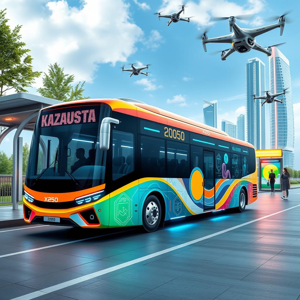 A futuristic KazAuto bus set in Kazakhstan in the year 2050