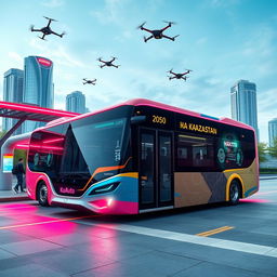 A futuristic KazAuto bus set in Kazakhstan in the year 2050