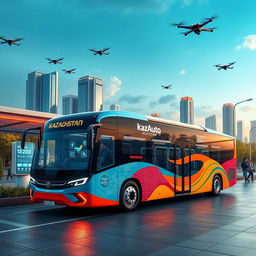 A futuristic KazAuto bus set in Kazakhstan in the year 2050