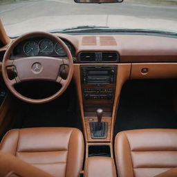 The interior view of a restored Mercedes Benz 190e, featuring a vintage design with a modern twist. The dashboard holds an array of retro-styled gauges while plush leather seats ensure comfort. All finished in a rich, warm color palette.