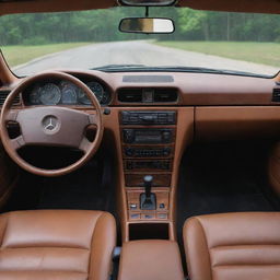 The interior view of a restored Mercedes Benz 190e, featuring a vintage design with a modern twist. The dashboard holds an array of retro-styled gauges while plush leather seats ensure comfort. All finished in a rich, warm color palette.