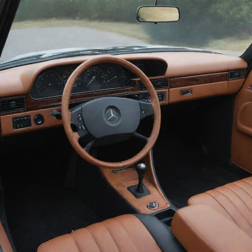 The interior view of a restored Mercedes Benz 190e, featuring a vintage design with a modern twist. The dashboard holds an array of retro-styled gauges while plush leather seats ensure comfort. All finished in a rich, warm color palette.