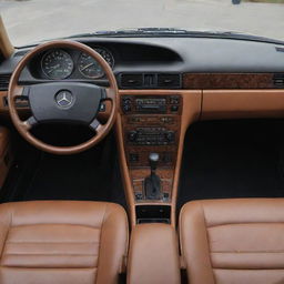 The interior view of a restored Mercedes Benz 190e, featuring a vintage design with a modern twist. The dashboard holds an array of retro-styled gauges while plush leather seats ensure comfort. All finished in a rich, warm color palette.