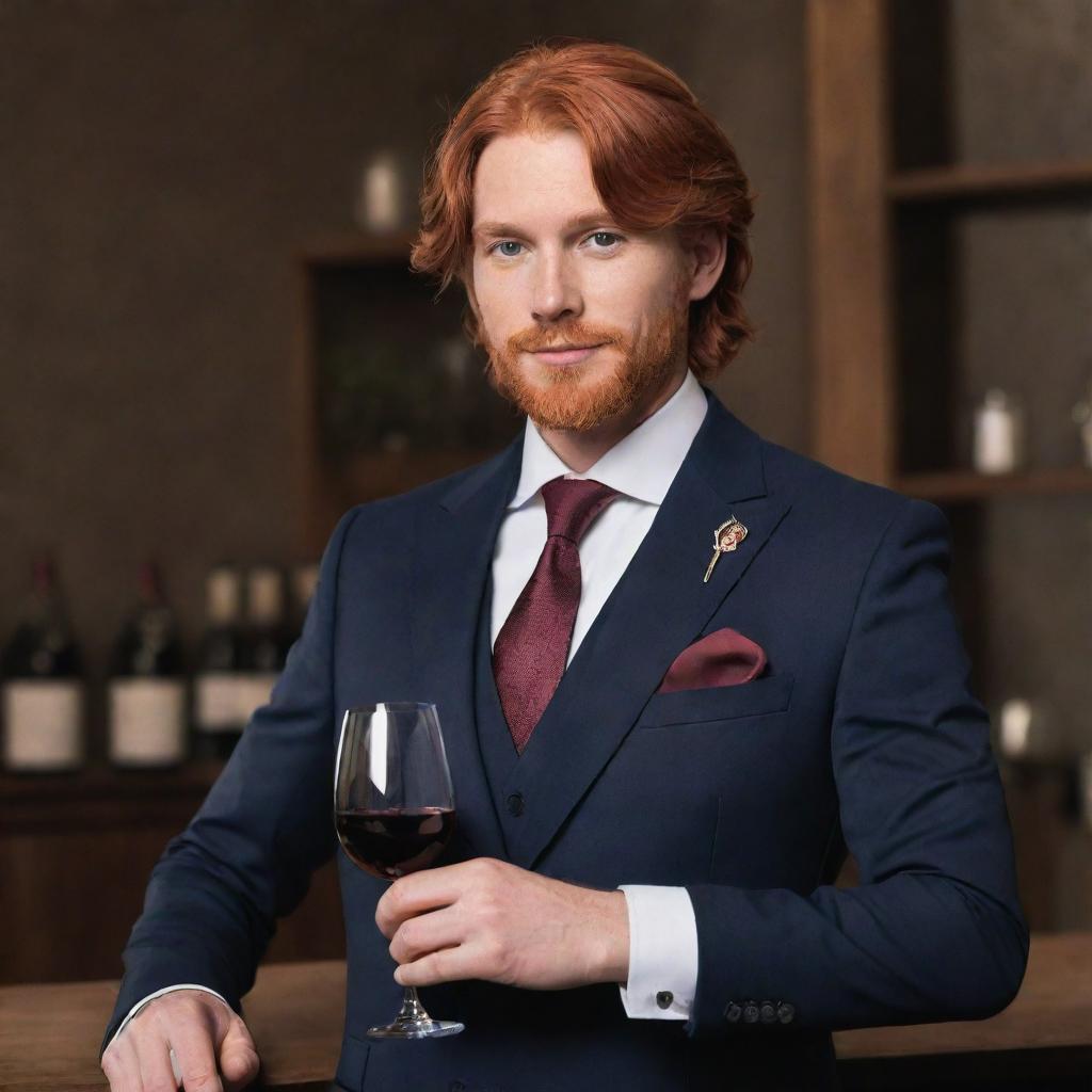 Diluc, the proprietor of the Dawn Winery from Genshin Impact, elegantly dressed in a well-tailored suit and tie. His fiery red hair contrasting against the suit, holding a glass of Mondstadt's finest wine.