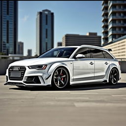 A stunning white Audi S4 B7 Avant featuring a wide body kit, showcasing its sleek and sporty design