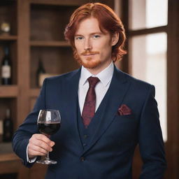 Diluc, the proprietor of the Dawn Winery from Genshin Impact, elegantly dressed in a well-tailored suit and tie. His fiery red hair contrasting against the suit, holding a glass of Mondstadt's finest wine.