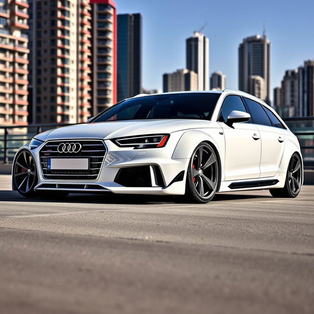 A stunning white Audi S4 B7 Avant featuring a wide body kit, showcasing its sleek and sporty design