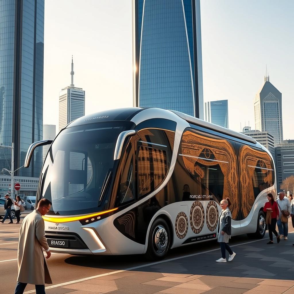 A futuristic Nomad Motors bus designed specifically for Kazakhstan in the year 2050, featuring a sleek and aerodynamic body, with elements of traditional Kazakh patterns integrated into the modern design